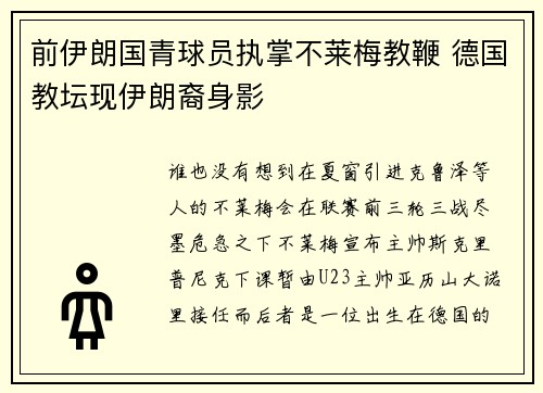 前伊朗国青球员执掌不莱梅教鞭 德国教坛现伊朗裔身影